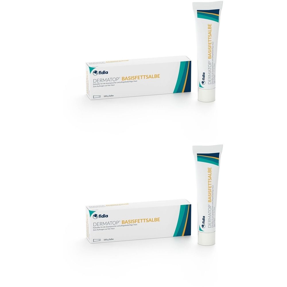 Zwei Tuben und Schachteln. Aufschrift: Dermatop Basisfettsalbe. Weiß, Türkis und Blau. fidia Logo.