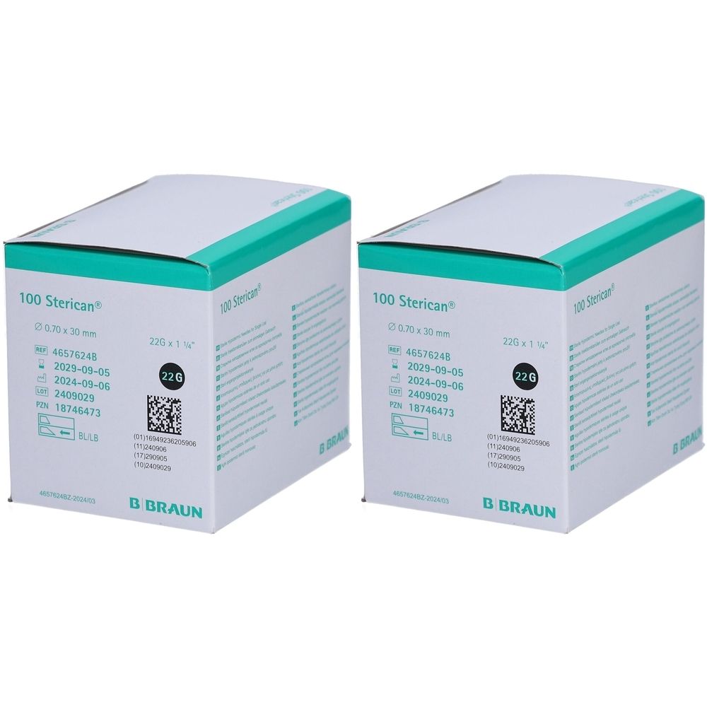 Zwei Kartons mit der Aufschrift "100 Sterican". Grün-weiße Verpackung. Aufdrucke mit Produktinformationen und Logo von B. Braun.