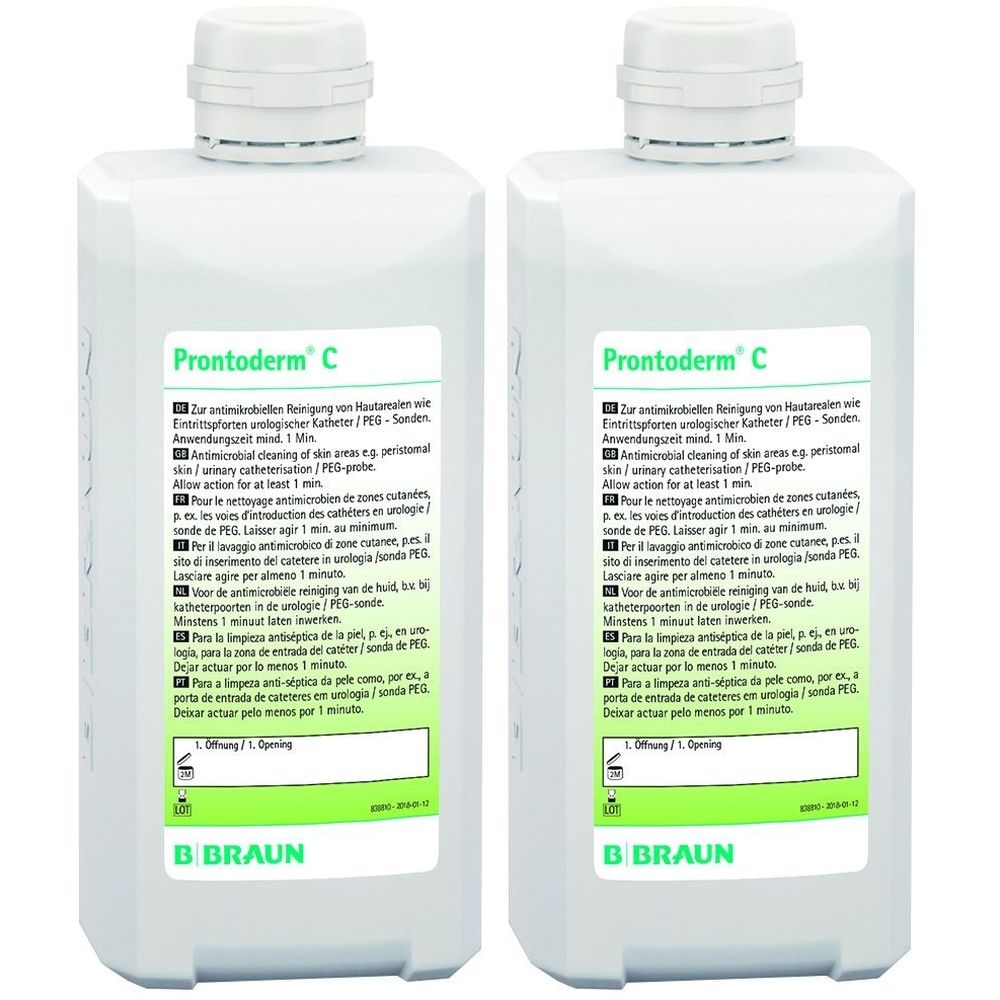 Zwei weiße Flaschen mit dem Aufdruck "Prontoderm C" und dem Logo von B. Braun. Text in mehreren Sprachen.