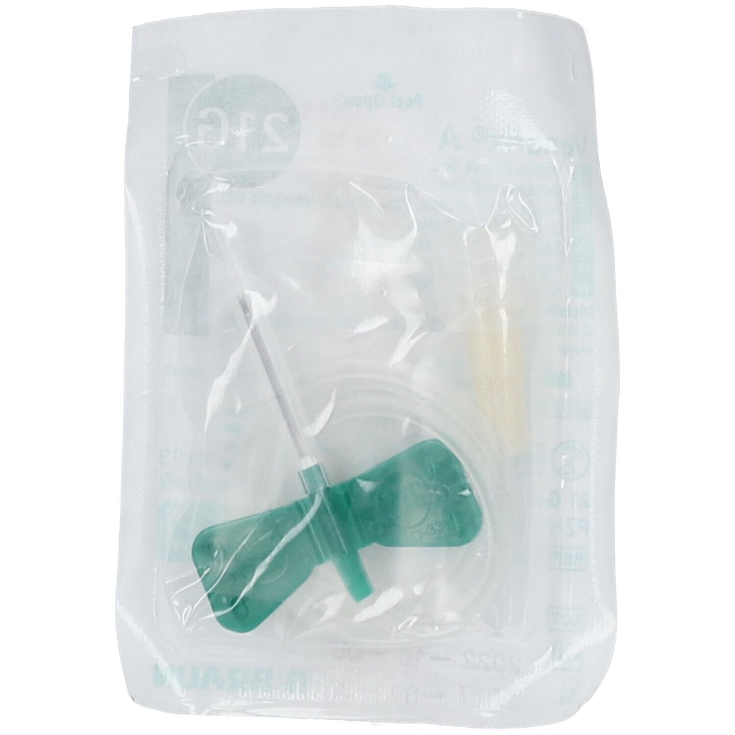 In Folie verpacktes Venenpunktionsbesteck mit grünem Flügelgriff und Schlauch. Sichtbare Nadelspitze.