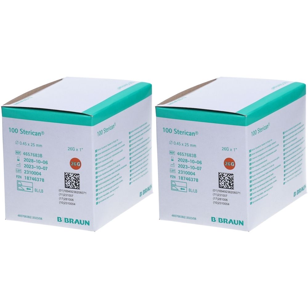 Zwei Kartons mit "100 Sterican". Aufdrucke: 0,45 x 25 mm, 26G, B. Braun Logo. Grün-weiße Verpackung.