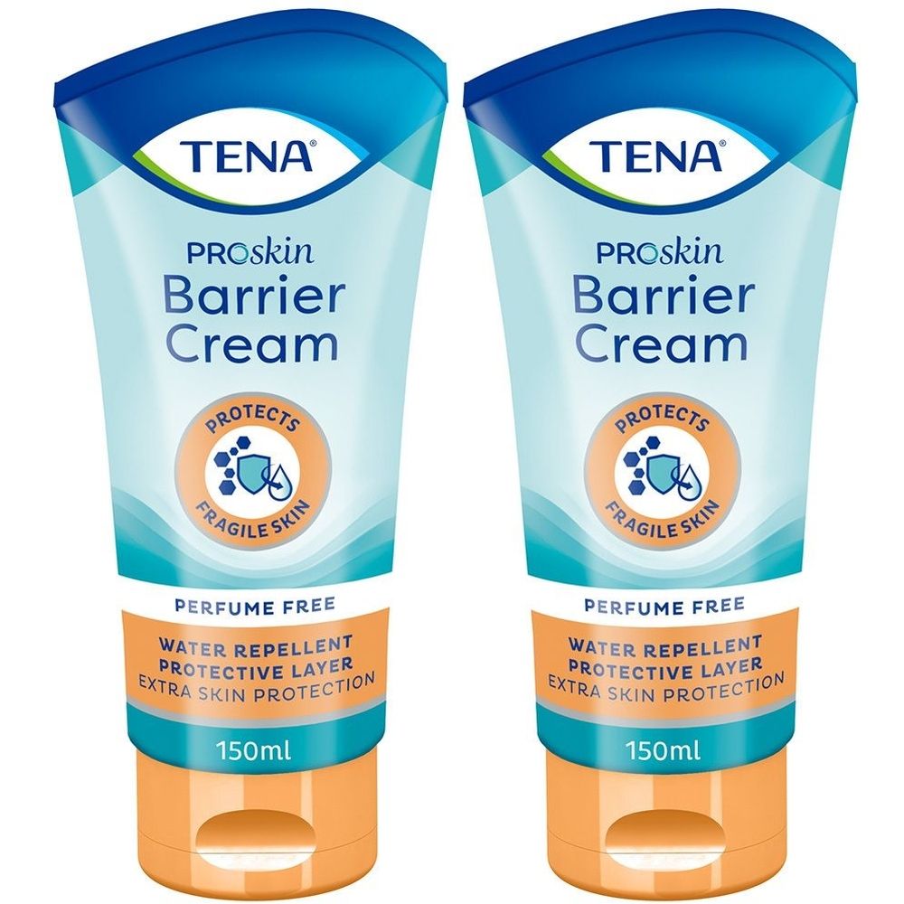 Zwei Tuben TENA ProSkin Barrier Cream. Hellblaue Tuben mit blauem Deckel und orangefarbenem Boden. Aufschrift: PROSkin Barrier Cream, schützt empfindliche Haut.