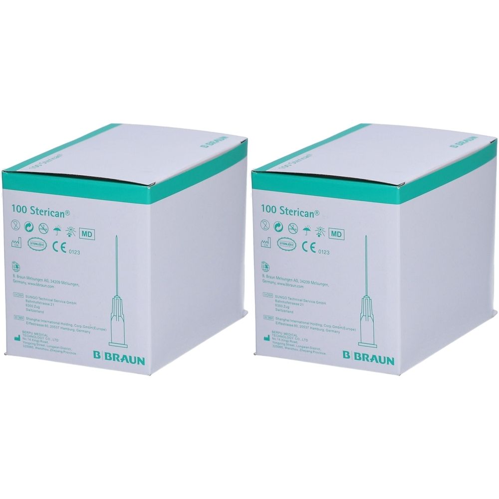 Zwei weiße Kartons mit grünen Akzenten. Aufdruck: 100 Sterican, Nadel-Illustration, CE-Kennzeichnung, B. Braun Logo.