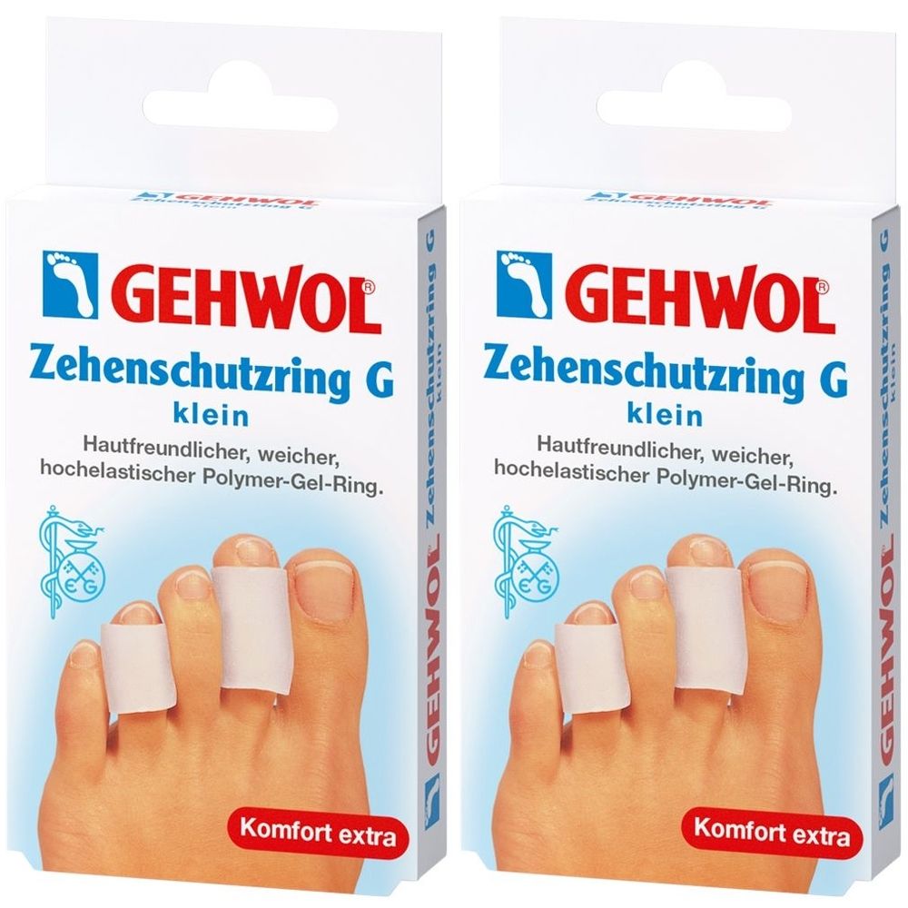 Zwei Packungen GEHWOL Zehenschutzring G. Weiße, zylindrische Polymer-Gel-Ringe auf Zehen abgebildet. Text: Hautfreundlich, weich, hochelastisch.