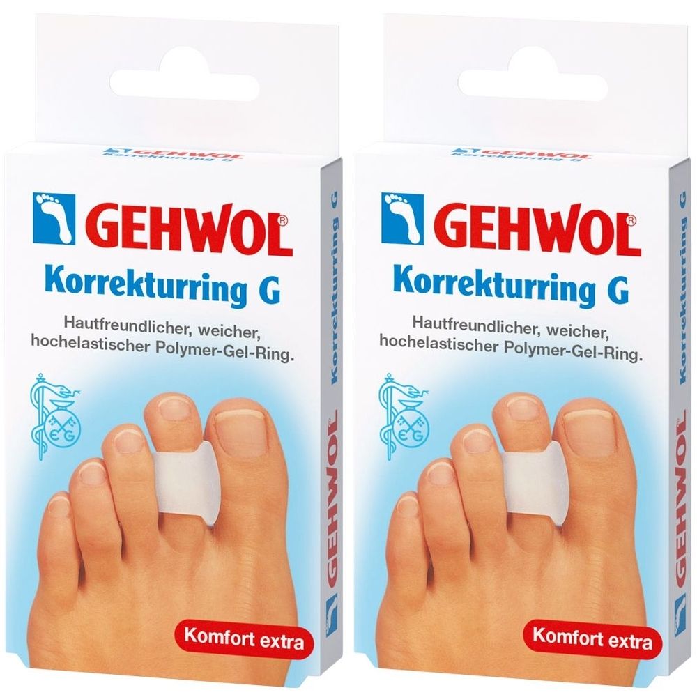 Zwei Packungen GEHWOL Korrekturring G. Auf jeder Packung ist ein Fuß mit einem weißen Polymer-Gel-Ring am Zeh abgebildet. Text: Komfort extra.
