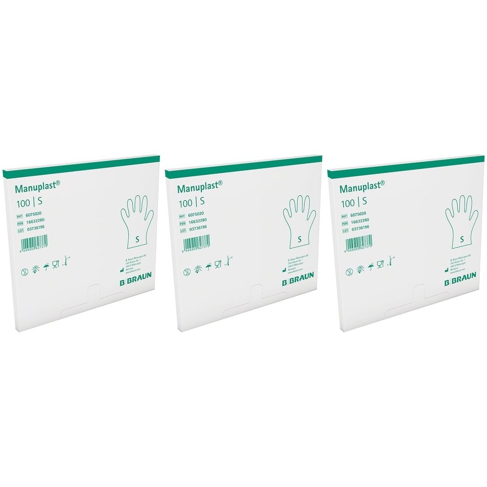 Drei Packungen Manuplast® Einmalhandschuhe Gr. S. Weiße Verpackung mit grüner Leiste. Handschuh-Symbol und Schriftzug. Marke B. Braun.