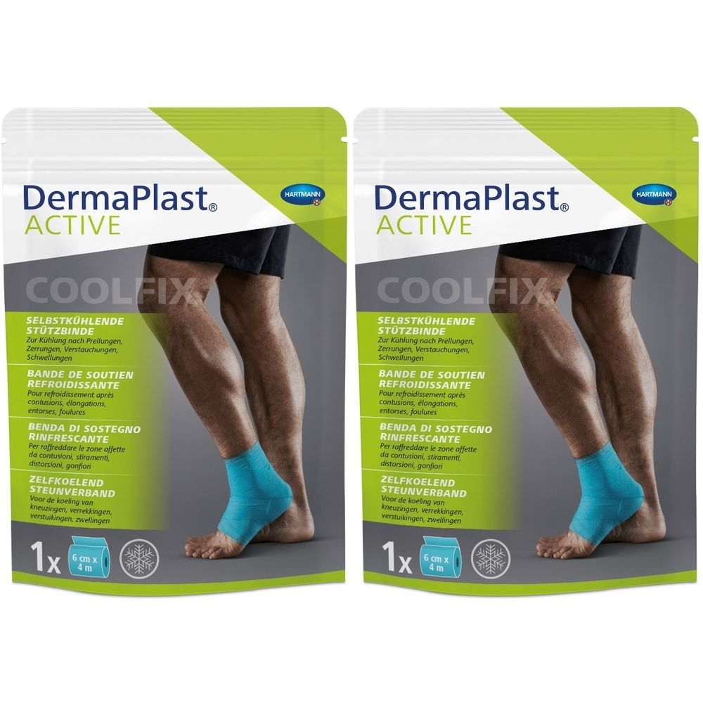 Zwei Packungen Dermaplast Active CoolFix Bandage. Aufdruck: Selbstkühlende Stützbinde. Abgebildet: Bein mit blauer Bandage am Knöchel.
