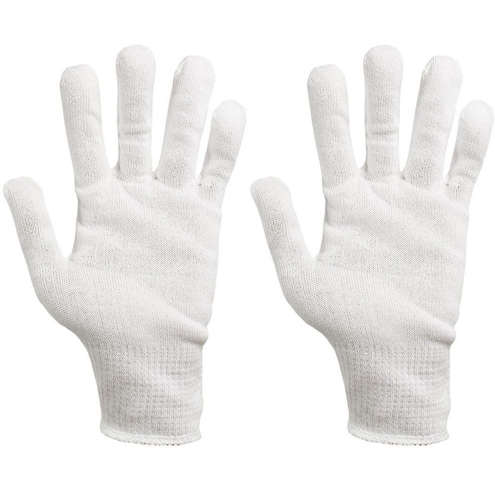 Zwei weiße Baumwollstrickhandschuhe. Die Handschuhe haben eine gerippte Manschette und sind aus Strickmaterial.