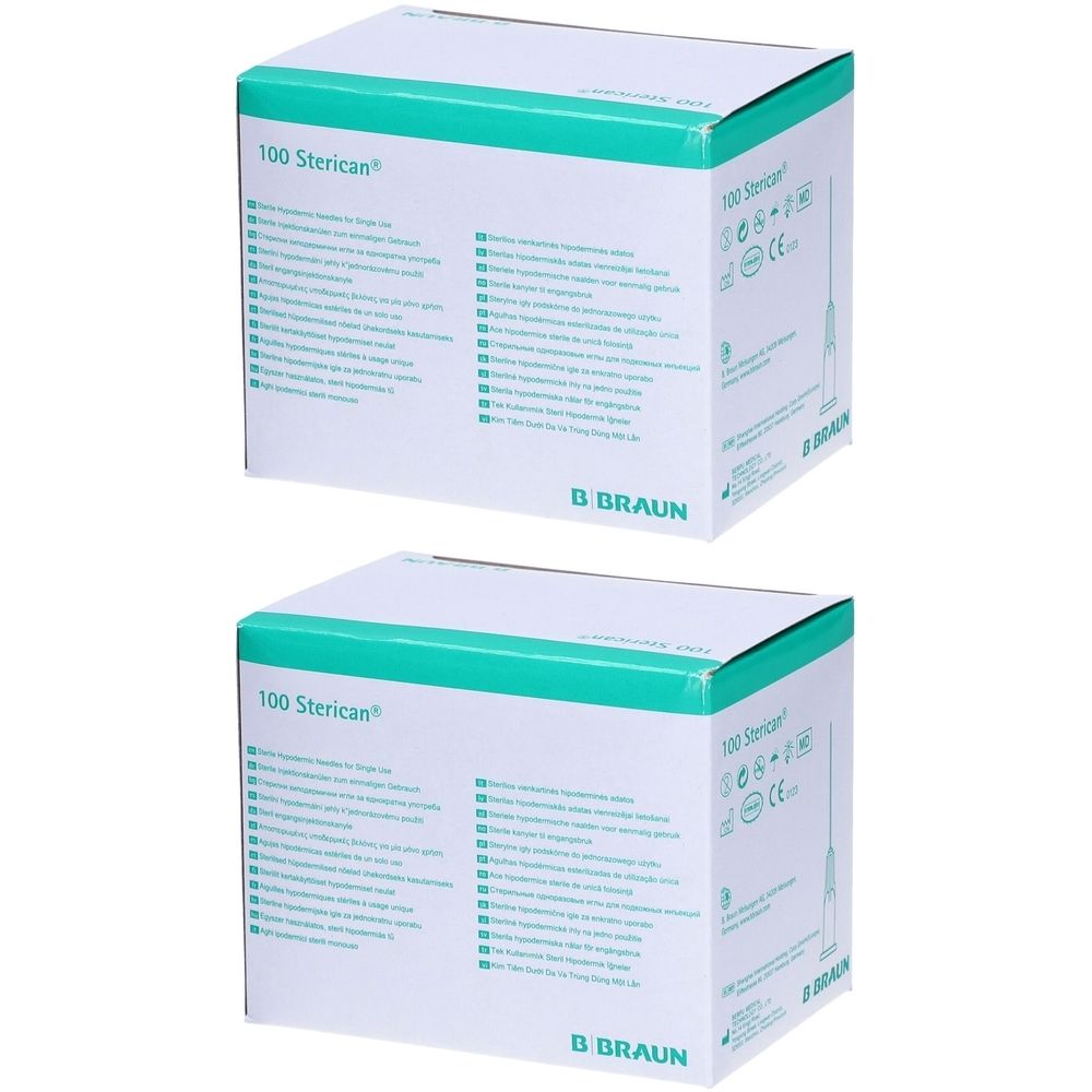 Zwei weiße Kartons mit grünen Akzenten. Aufschrift "100 Sterican" und "B BRAUN".