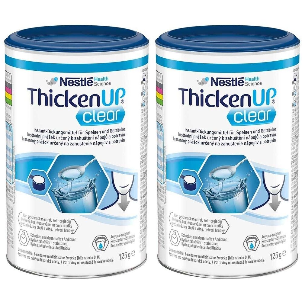 Zwei Dosen Nestlé ThickenUp Clear. Weiße Dosen mit blauem Deckel. Aufschrift: ThickenUp Clear. Produkt zur Verdickung von Speisen und Getränken.