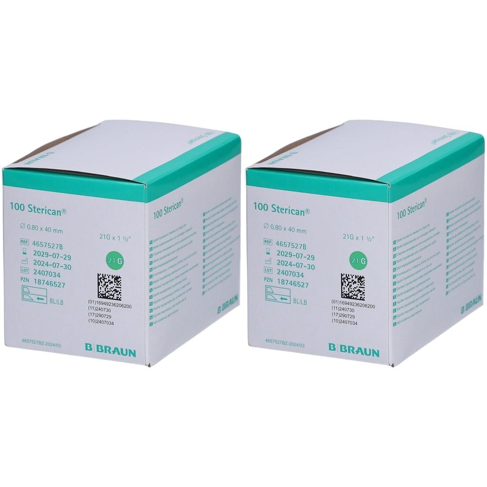 Zwei Kartons mit "100 Sterican". Grün-weiße Verpackung. Aufdrucke mit Produktinformationen und Logo "B BRAUN".