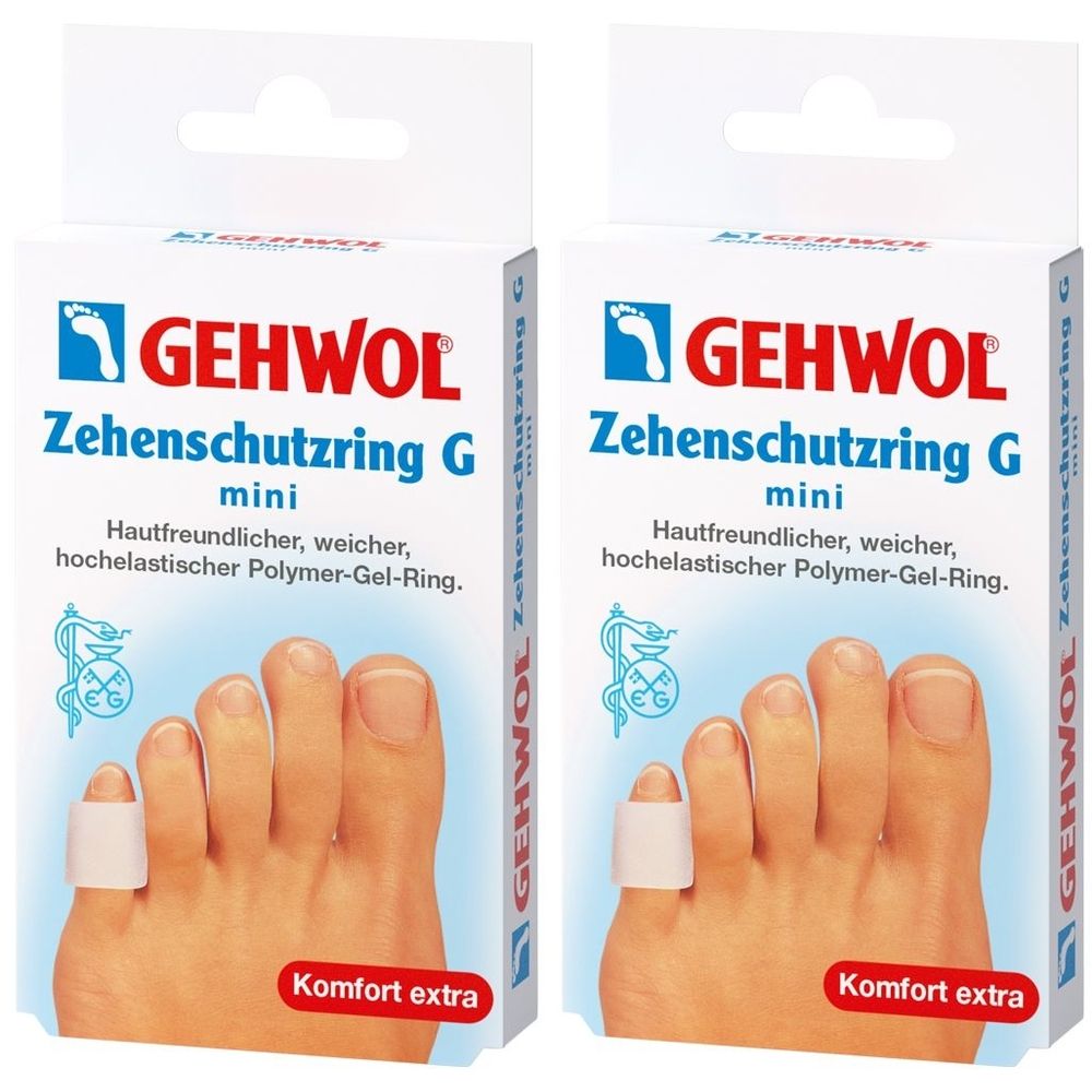 Zwei Packungen GEHWOL Zehenschutzring G mini. Weiße Ringe auf Zehen, Text: Hautfreundlicher, weicher, hochelastischer Polymer-Gel-Ring. Komfort extra.