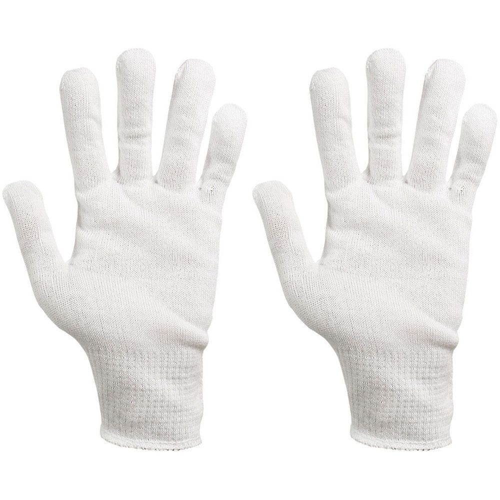 Zwei weiße Baumwollstrickhandschuhe mit kurzer Stulpe. Die Handschuhe sind aus Strickstoff gefertigt und haben eine gerippte Stulpe.