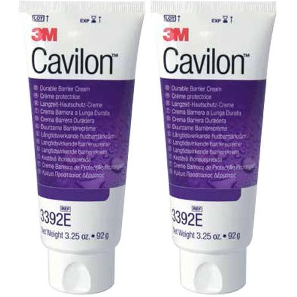 Zwei Tuben Cavilon Hautschutz-Creme. Weiße Tuben mit lila Streifen und Schriftzug. 3M Logo und Produktbezeichnung.