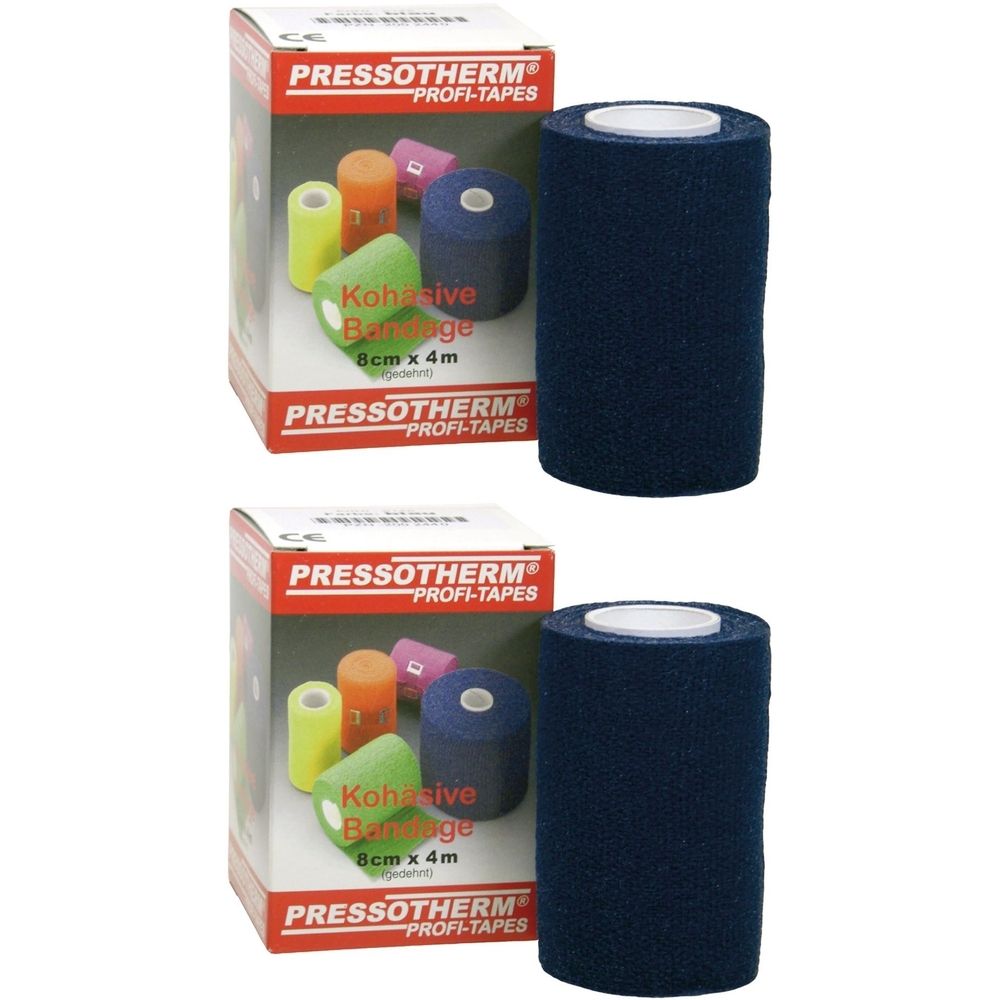 Zwei Rollen blaue Kohäsive Bandage, 8cm x 4m, neben Verpackung mit Produktabbildung. Aufschrift: PRESSOTHERM PROFI-TAPES.