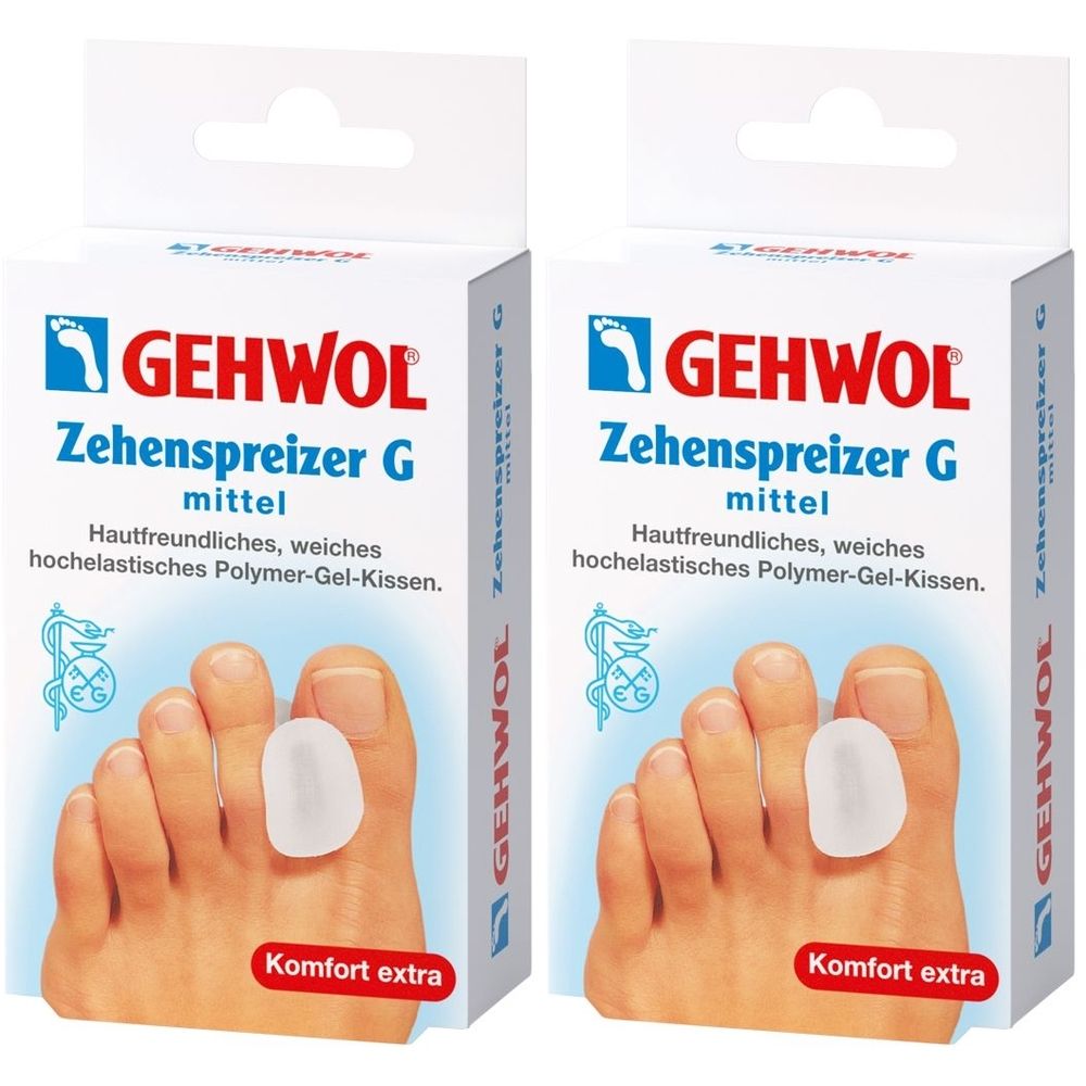 Zwei Packungen mit Zehenspreizern. Auf jeder Packung steht GEHWOL, Zehenspreizer G mittel. Ein Fuß mit Zehenspreizer ist abgebildet.