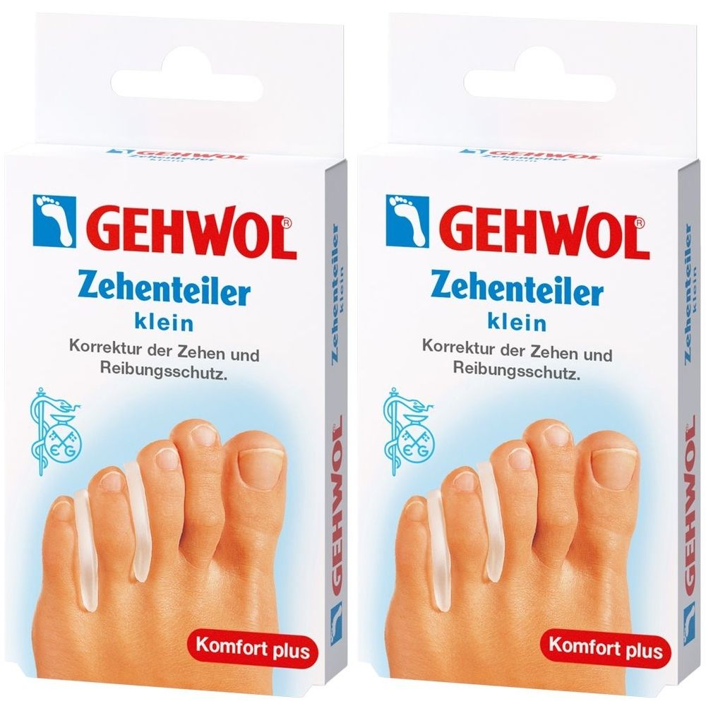 Zwei Packungen mit Zehenteilern. Aufschrift GEHWOL, Zehenteiler klein. Komfort plus. Produkt wird an Füßen gezeigt.