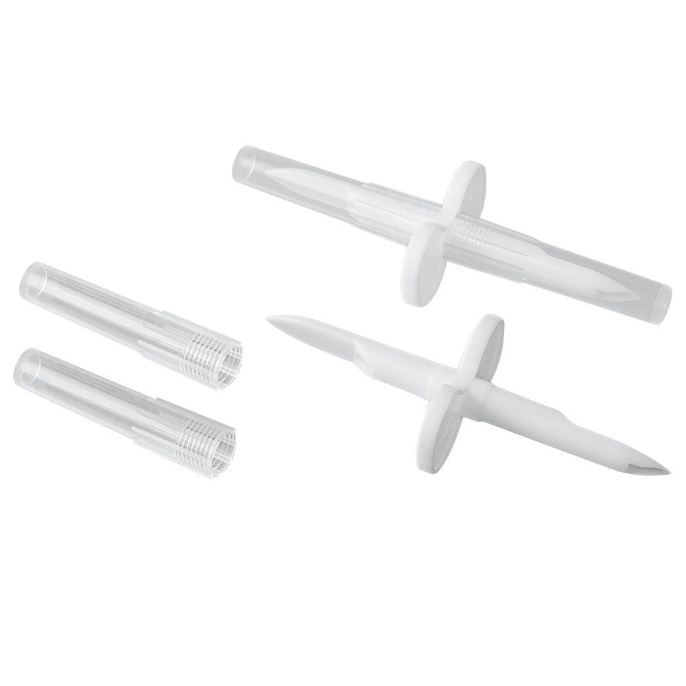 Zwei weiße Transfer-Sets mit kreuzförmigen Griffen und zwei transparente Kappen. Auf weißem Hintergrund.