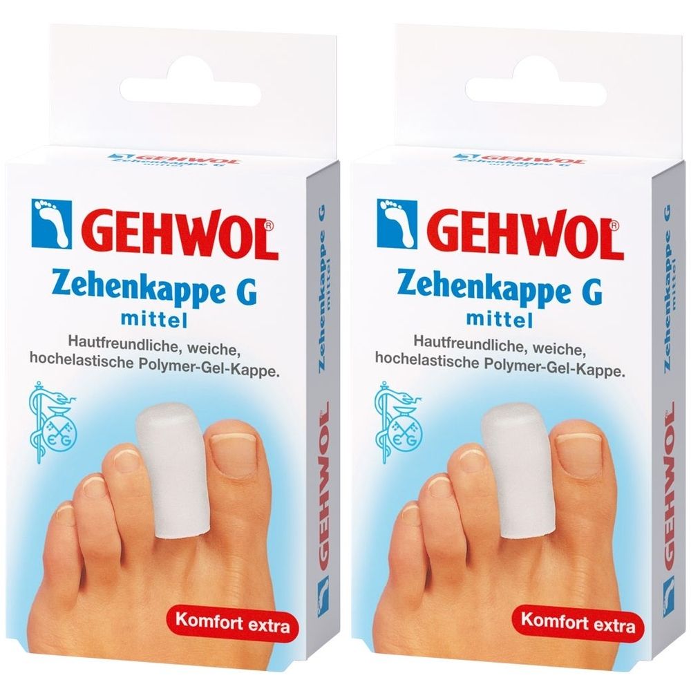 Zwei Packungen GEHWOL Zehenkappe G. Auf jeder Packung ist ein Zeh mit einer Kappe abgebildet. Text: mittel, Komfort extra.