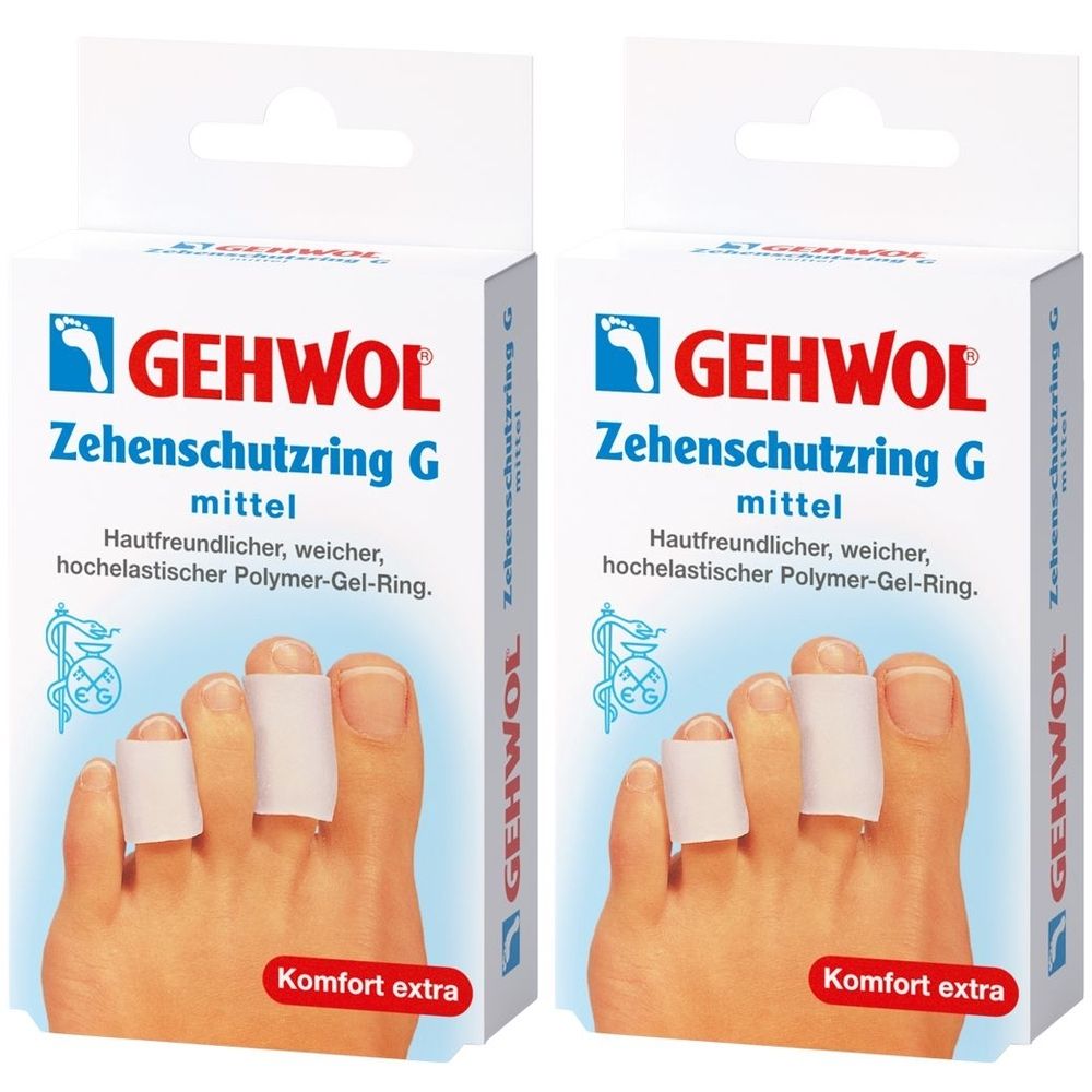 Zwei Produktverpackungen mit dem Aufdruck GEHWOL Zehenschutzring G. Auf einem Fuß sind drei weiße Zehenschutzringe zu sehen.