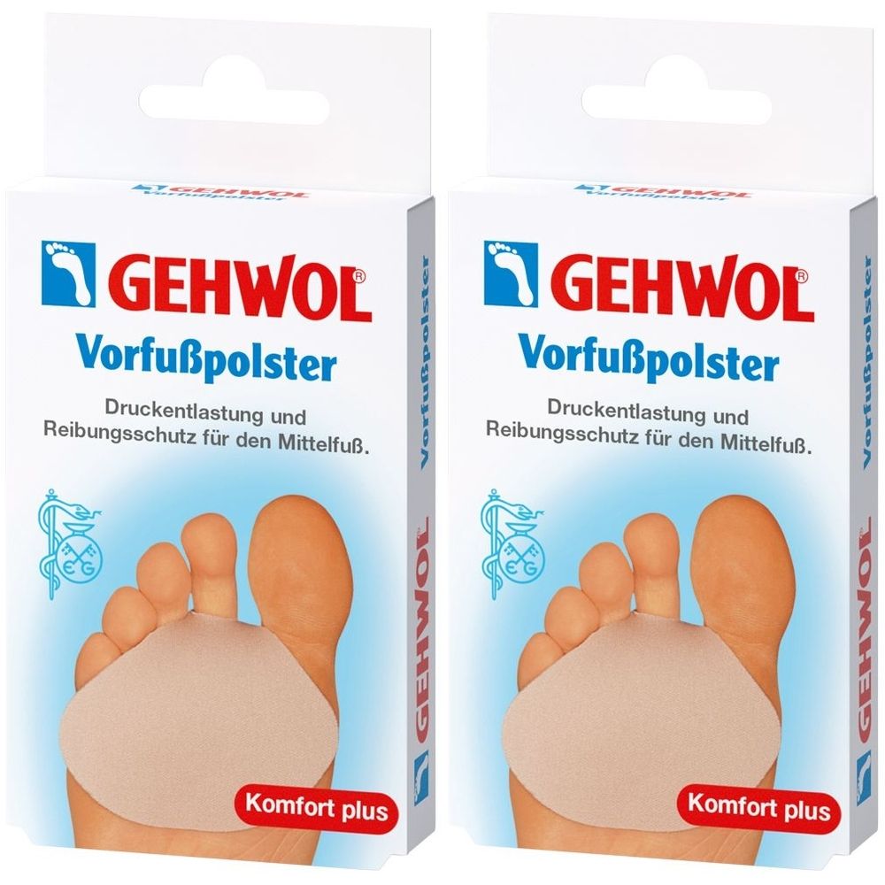 Zwei Packungen Vorfußpolster. Auf jeder Packung ist ein Fuß mit Polster abgebildet. Schriftzug: GEHWOL Vorfußpolster, Komfort plus.