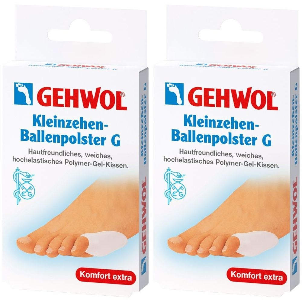 Zwei Packungen GEHWOL Kleinzehen-Ballenpolster G. Weiße Verpackung mit Produktnamen und Fußabbildung. Komfort extra.
