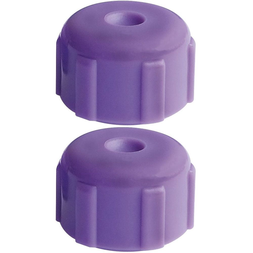 Zwei lilafarbene Verschlusskappen. Jede Kappe hat eine runde Form mit einem Loch in der Mitte und geriffelten Seiten.