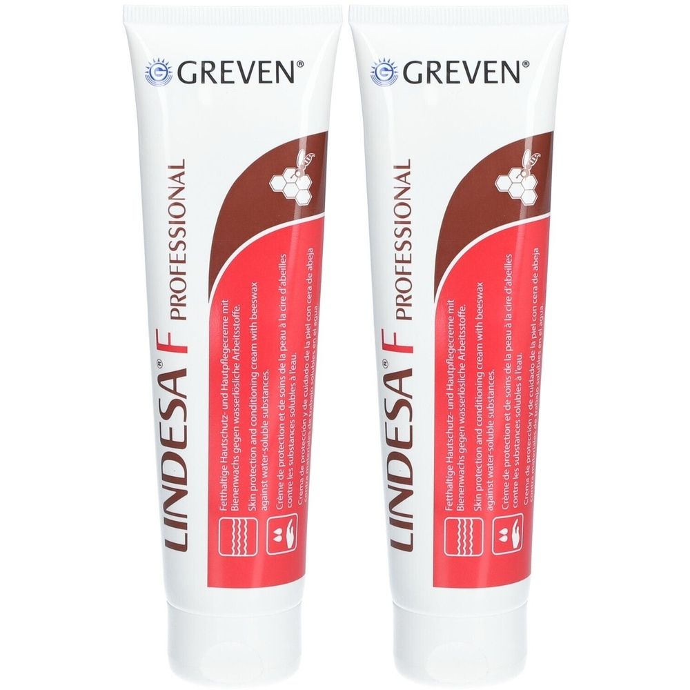 Zwei Tuben Lindesa F Hautschutzcreme. Weiß, mit braunem Akzent und rotem Streifen. Text: Greven, Professional, Lindesa F.