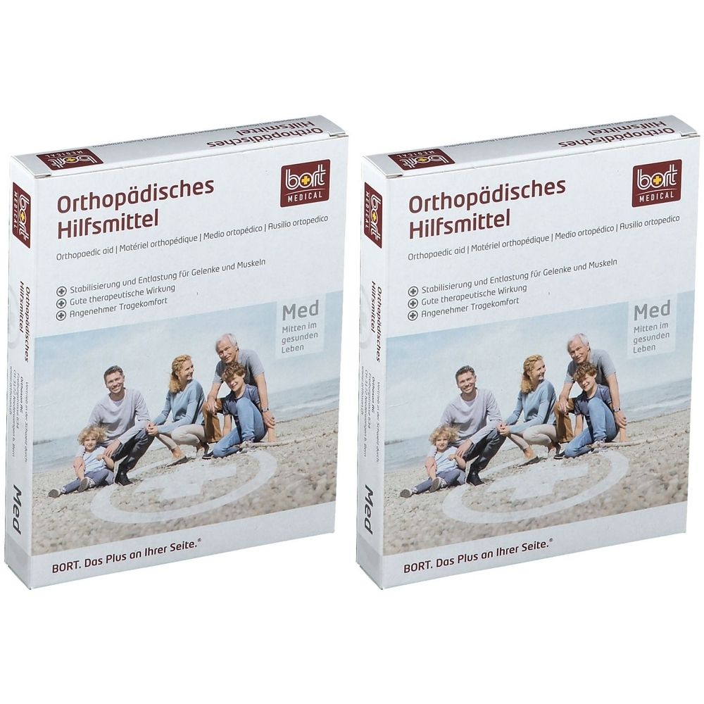 Zwei rechteckige Kartons mit dem Aufdruck "Orthopädisches Hilfsmittel". Aufschrift "BORT MEDICAL" und Familienfoto. "Med" und "BORT. Das Plus an Ihrer Seite."