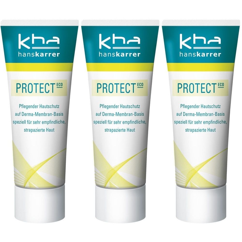 Drei Tuben HANS KARRER Protect Eco Handcreme. Weiß, mit blau-grünem Deckel und gelben Akzenten. Text: Protect Eco, Pflegender Hautschutz.