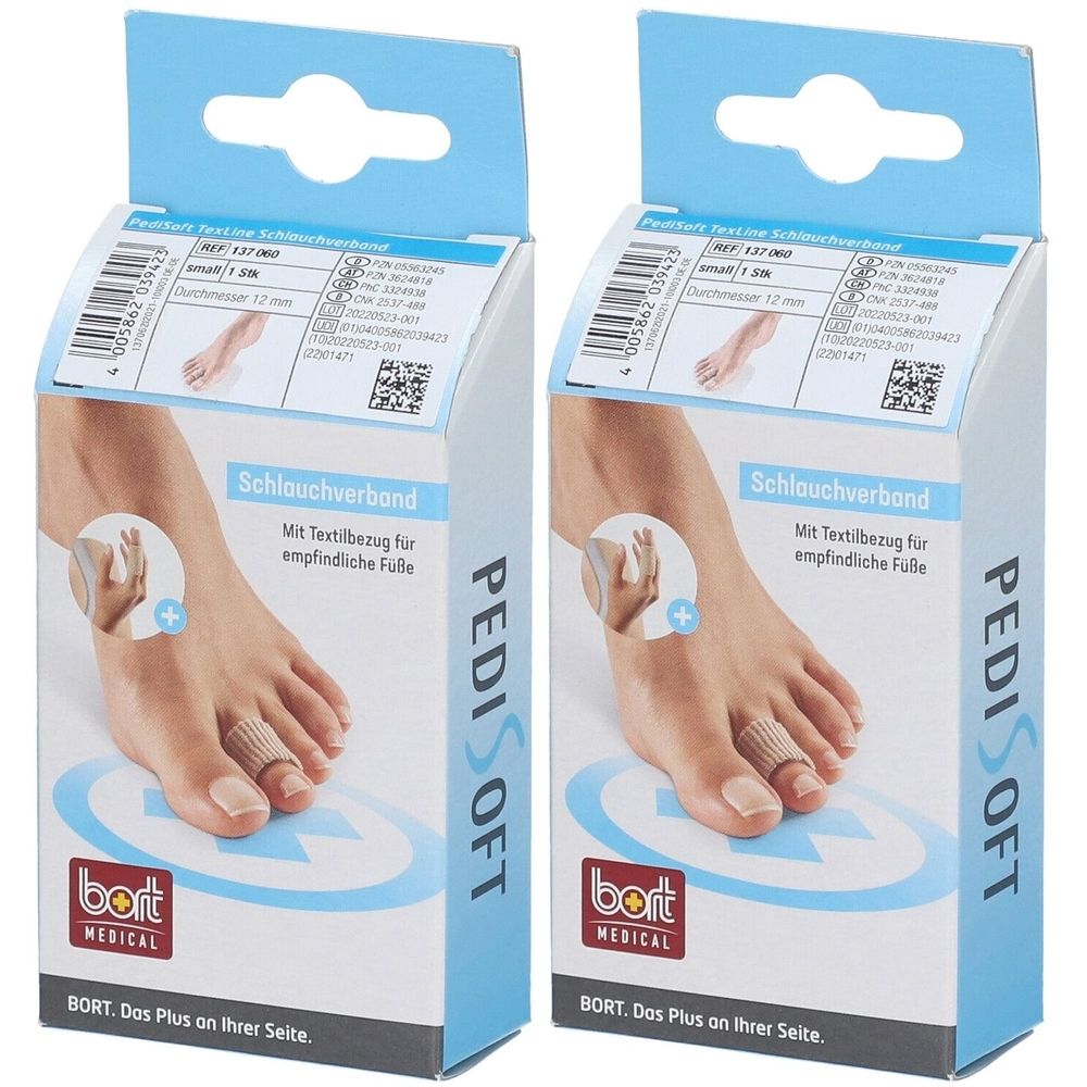 Zwei Packungen BORT PediSoft Schlauchverband. Aufdruck: PediSoft, bort medical. Produktabbildung am Fuß. Textilbezug für empfindliche Füße.