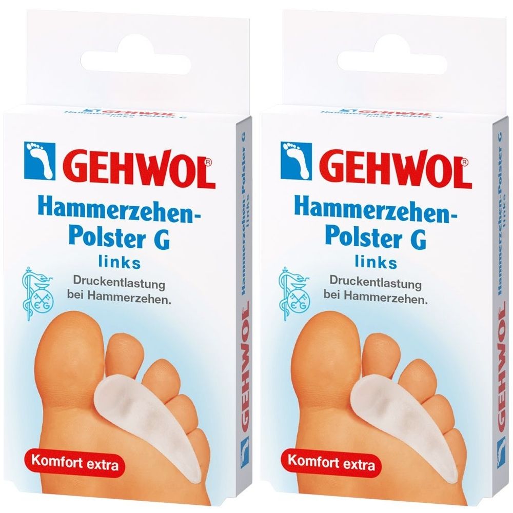 Zwei Packungen GEHWOL Hammerzehen-Polster G. Weiße Verpackung mit Produktnamen und Fußabbildung. Komfort extra.