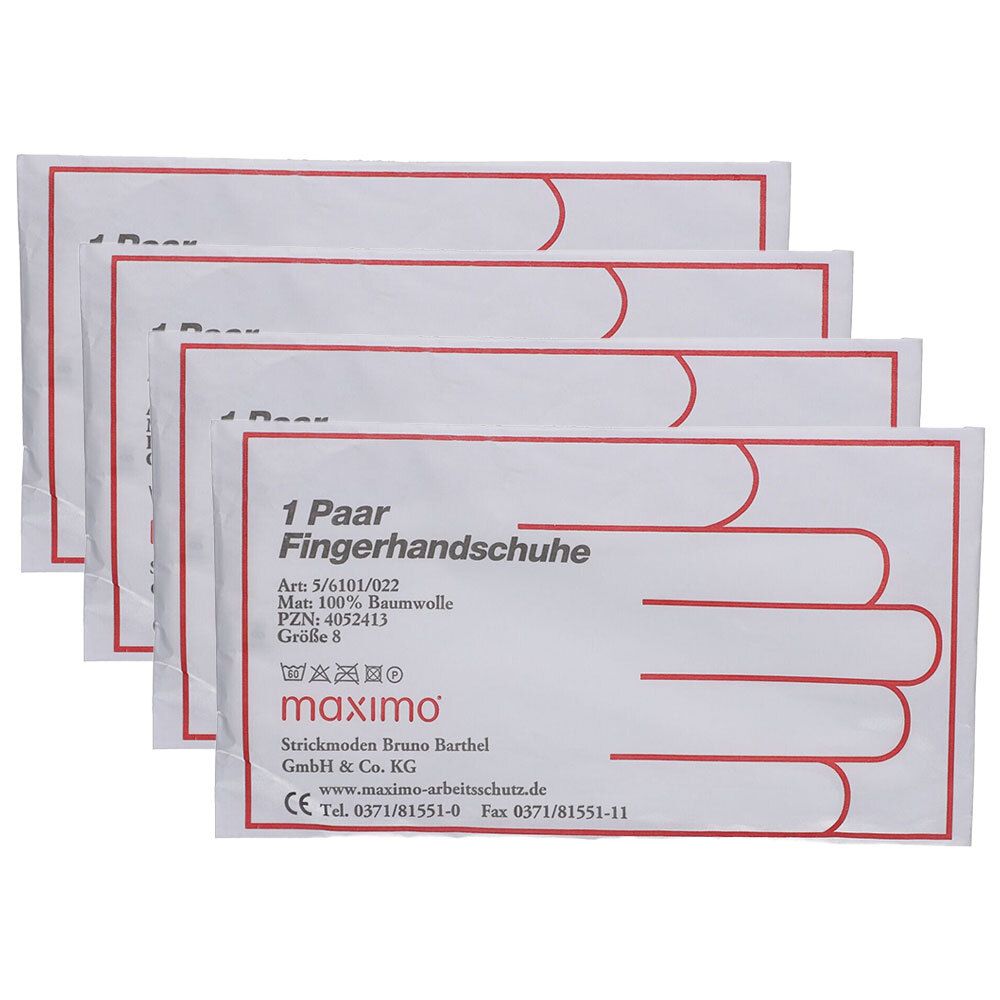Vier weiße Verpackungen mit roter Umrandung. Aufdruck: 1 Paar Fingerhandschuhe, Größe 8, Material 100% Baumwolle. Marke: maximo.