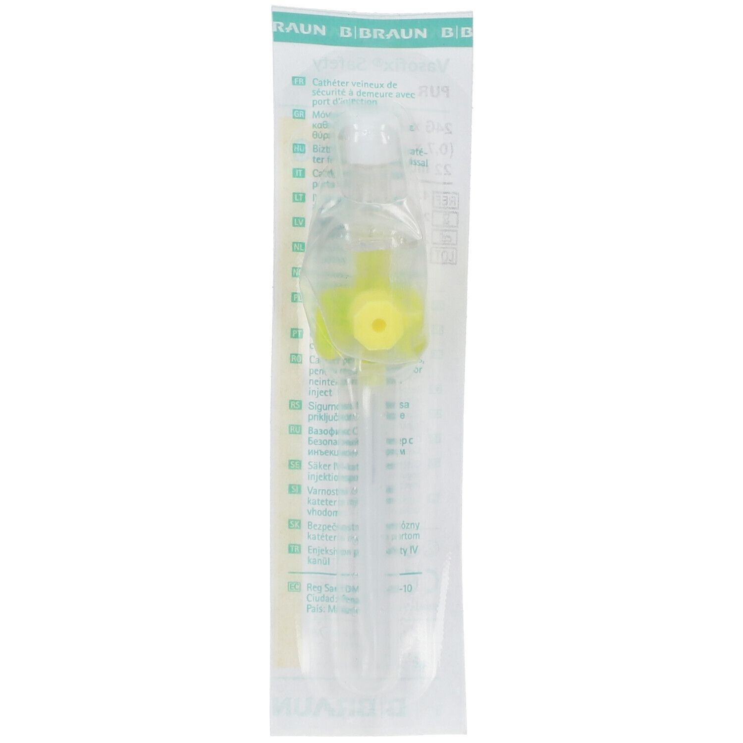 In Verpackung befindliche medizinische Kanüle mit gelbem Verschluss. Aufdruck: B. Braun.