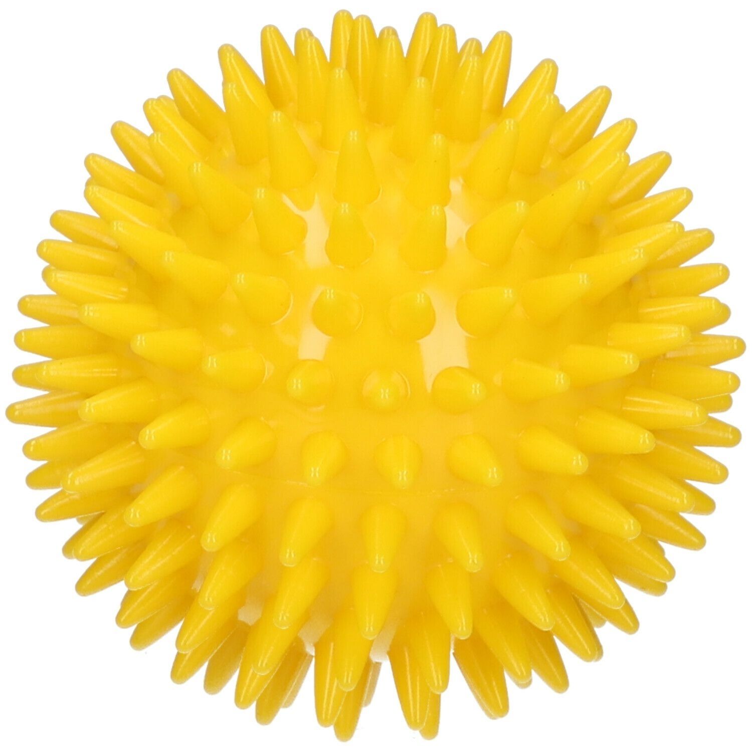 Gelber Igelball mit Noppen. Wellness-Produkt. Runde Form mit vielen kleinen, spitzen Erhebungen.