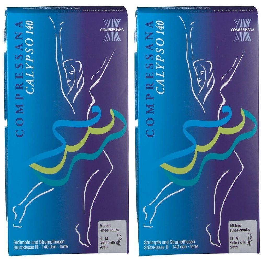 Zwei Packungen COMPRESSANA CALYPSO 140 Kniestrümpfe. Blaue Verpackung mit weißer Abbildung einer Frau und Produktinformationen.