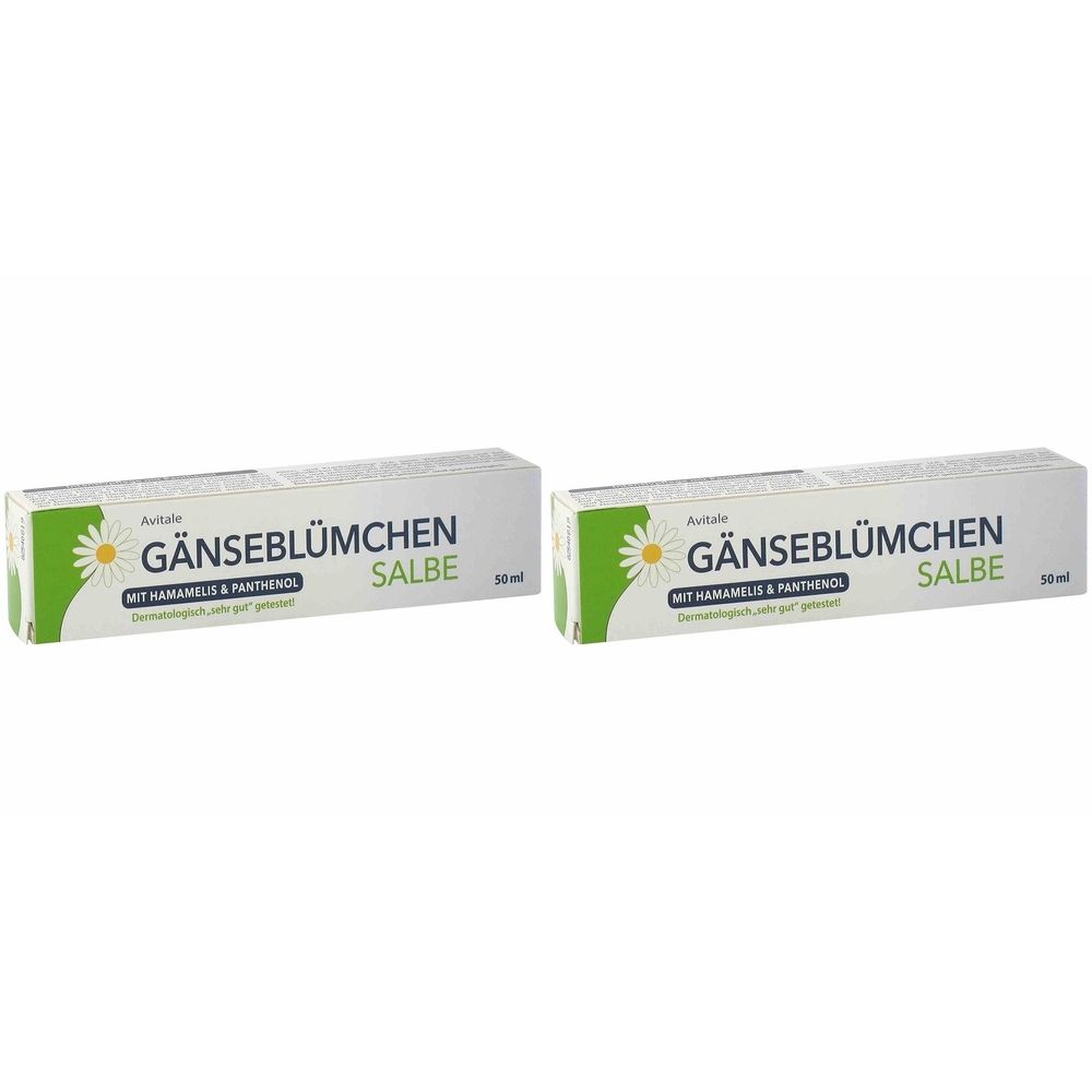 Zwei Schachteln Avitale Gänseblümchen-Salbe. Weiße Schachteln mit grünen Akzenten und Produktbezeichnung.