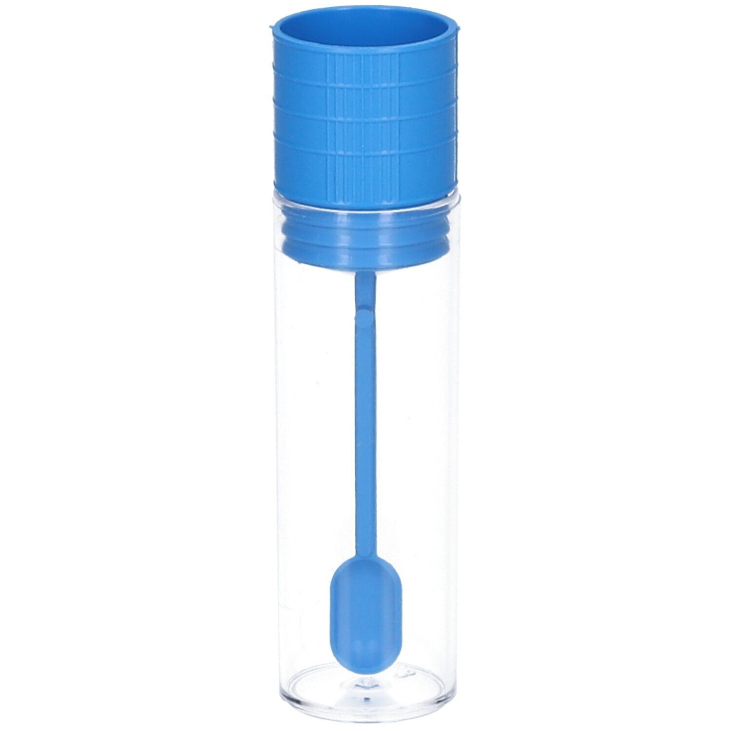 Stuhluntersuchungsröhrchen. Zylindrisches, transparentes Gefäß mit blauem Deckel und integriertem Entnahmespatel.