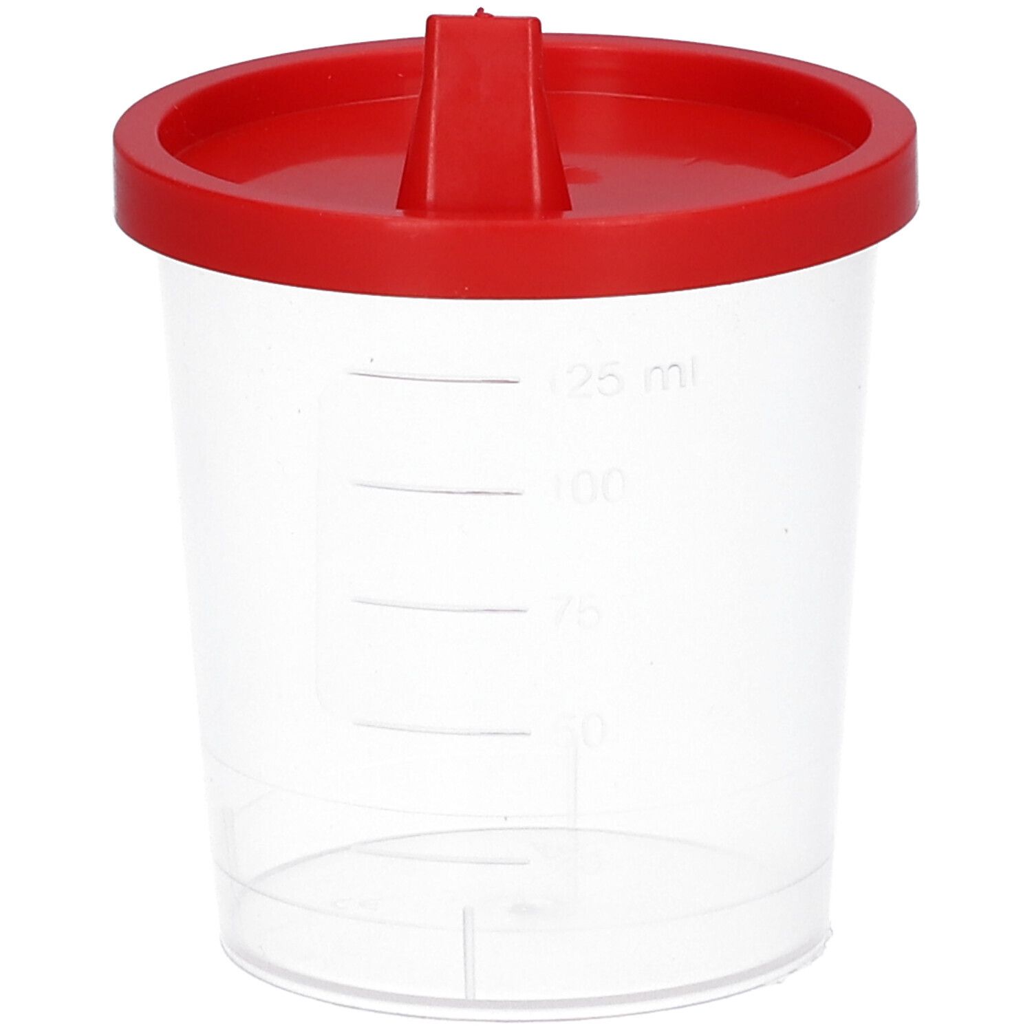 Transparenter Becher mit rotem Schnappdeckel. Skala bis 125 ml. Deckel mit Griff. Kunststoff.