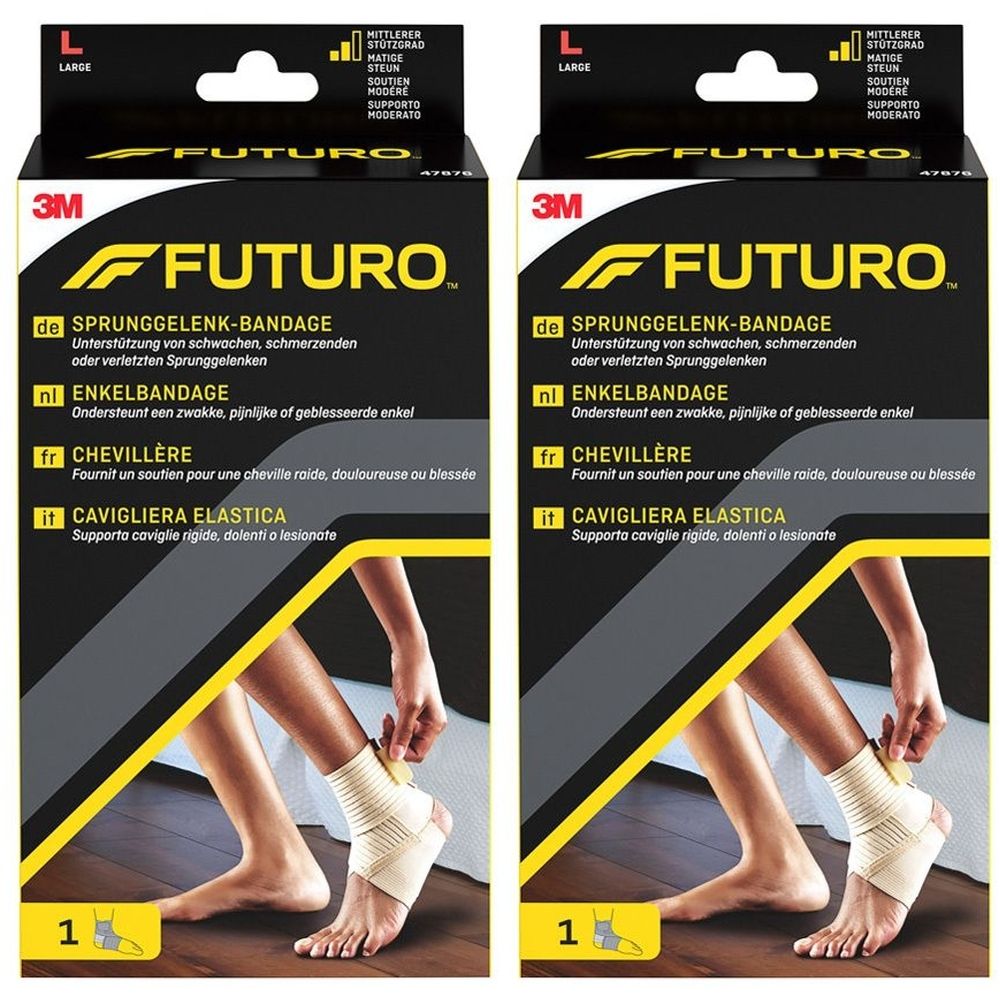 FUTURO Sprunggelenk-Bandage. Beige, elastische Bandage. Größe L. Auf der Verpackung ist das Produkt am Fuß abgebildet.