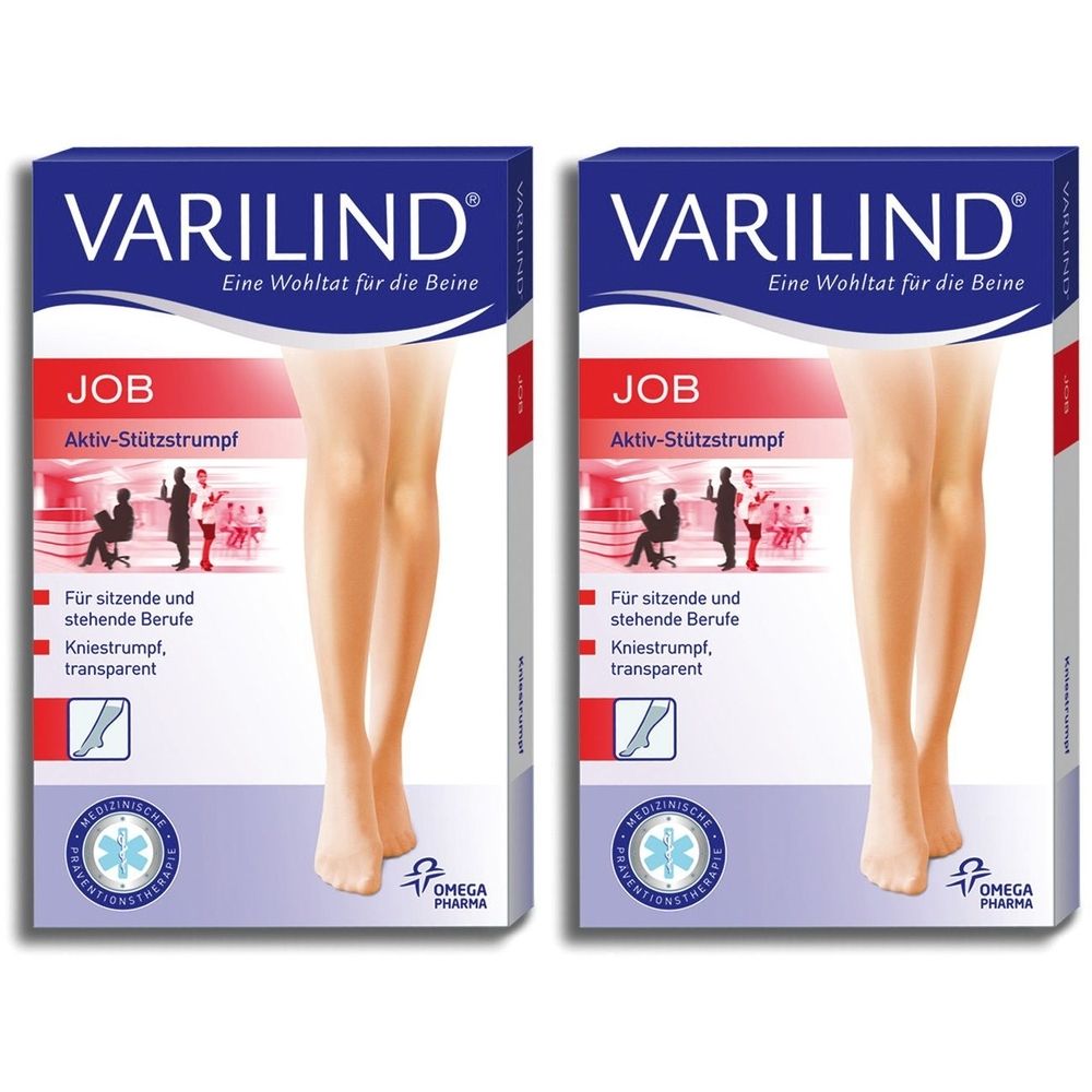 Zwei Packungen VARILIND Job Kniestrümpfe. Blaue Verpackung mit Produktname, Beinabbildung und medizinischem Siegel.