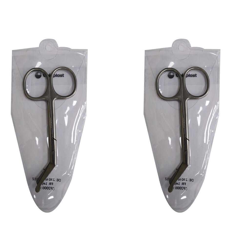 Zwei Scheren in transparenten Verpackungen. Die Scheren haben gebogene Klingen und runde Griffe. Auf der Verpackung ist ein Logo zu sehen.