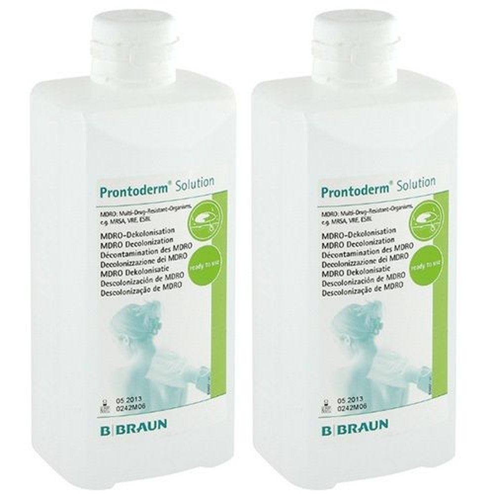 Zwei weiße Flaschen mit Schraubverschluss. Aufkleber mit Produktnamen und Informationen. Marke B. Braun.