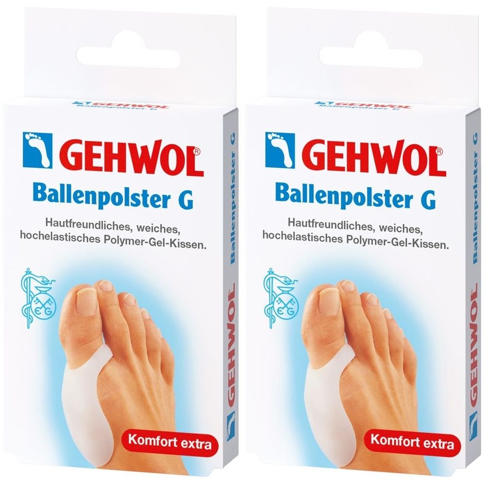 Zwei Packungen mit Ballenpolster G. Aufschrift: GEHWOL, Ballenpolster G. Weiches Polymer-Gel-Kissen. Fuß mit Polster. Komfort extra.