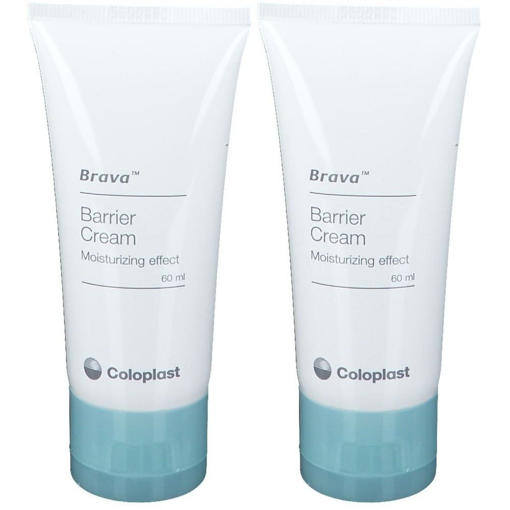 Zwei Tuben Brava Barrier Cream. Weiße Tuben mit blauem Verschluss. Aufschrift: Brava, Barrier Cream, Moisturizing effect, Coloplast.
