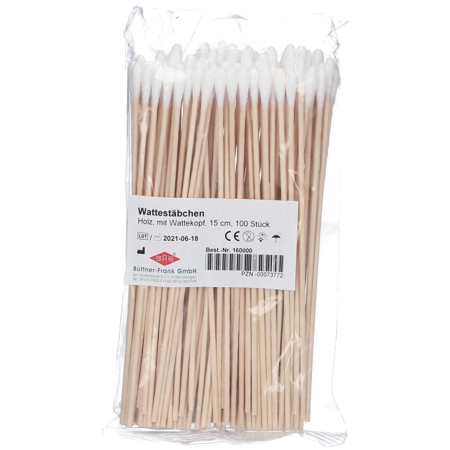 Verpackung mit Wattestäbchen. Holzstäbchen mit Wattekopf. 100 Stück. Aufdrucke: CE-Zeichen, Best.-Nr., Herstellerlogo, Haltbarkeitsdatum.