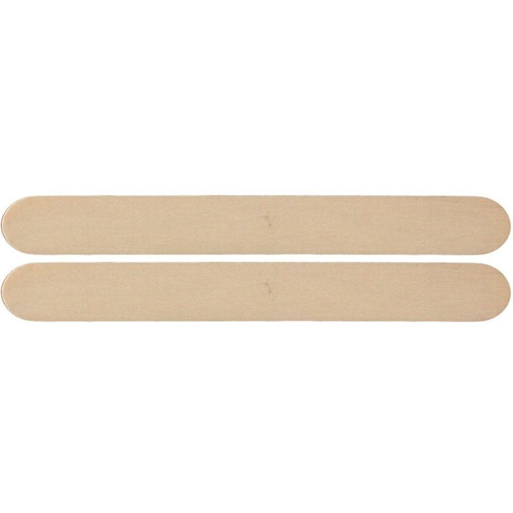 Zwei Holzmundspatel, hellbraun, mit abgerundeten Enden. Die Spatel liegen nebeneinander.