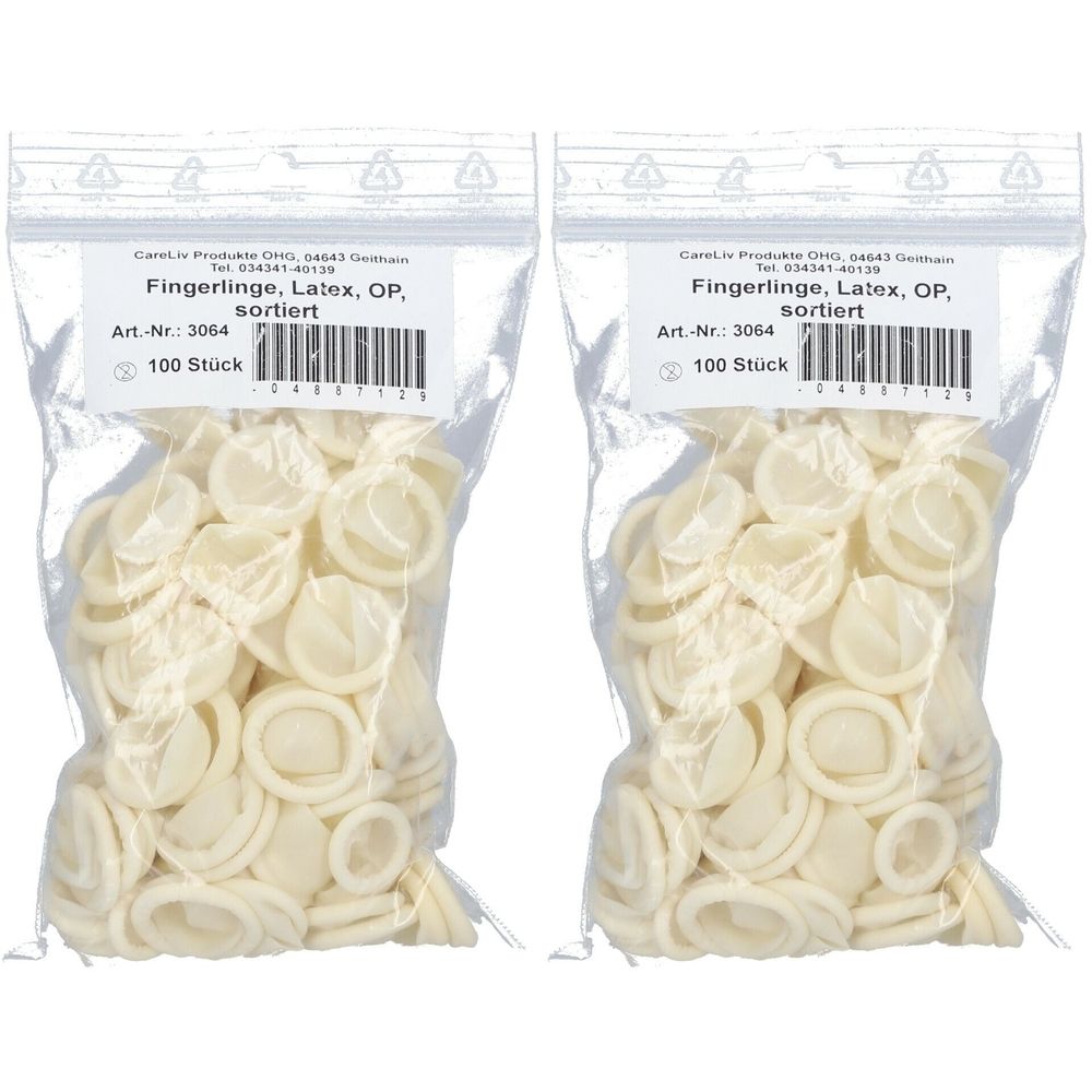 Zwei Beutel mit Latex-Fingerlingen. Aufschrift: Fingerlinge, Latex, OP, sortiert. 100 Stück pro Beutel.