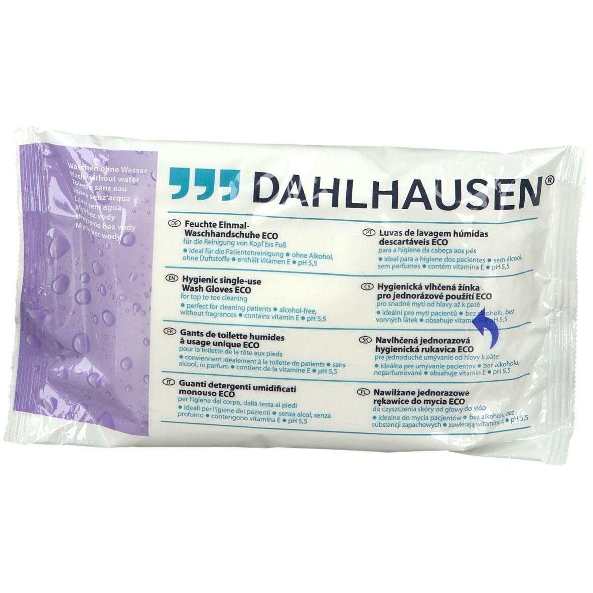 Verpackung mit Waschhandschuhen. Marke DAHLHAUSEN. Text: Feuchte Einmal-Waschhandschuhe ECO. Hygienische Einmal-Waschhandschuhe.