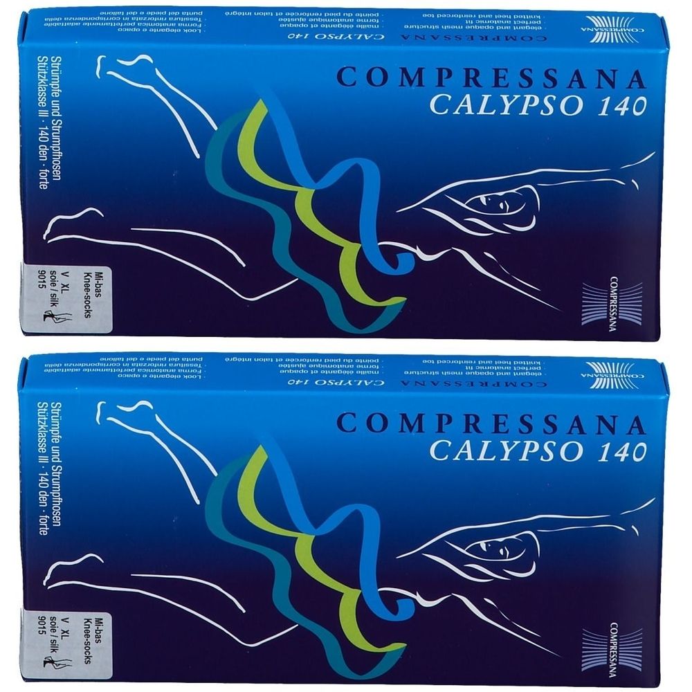 Zwei blaue Produktverpackungen. Aufschrift: COMPRESSANA CALYPSO 140. Darstellung einer Beinform mit Strümpfen. Text: Strümpfe und Strumpfhosen, Stützklasse II.